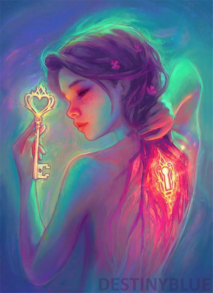 Colorful illustration of a woman holding a heart-shaped key, featuring symbolic elements related to depression.