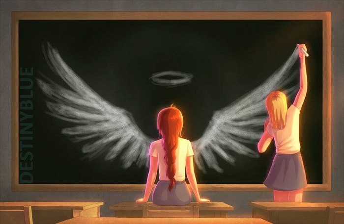 Two girls draw angel wings on a chalkboard, an illustration symbolizing deep meanings and depression.