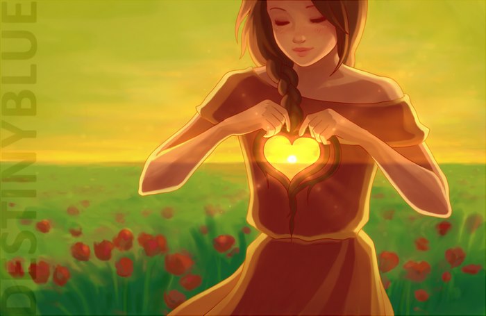 Illustration of a woman in a field, holding a glowing heart, representing deep meanings and depression.