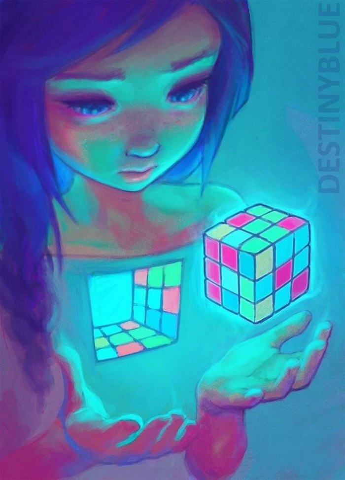 Illustration of a thoughtful girl holding a glowing Rubik’s cube, symbolizing deep meanings linked to depression.