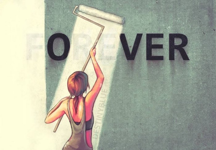 Illustration of depression showing a woman painting over the word "FOREVER" with a roller brush.