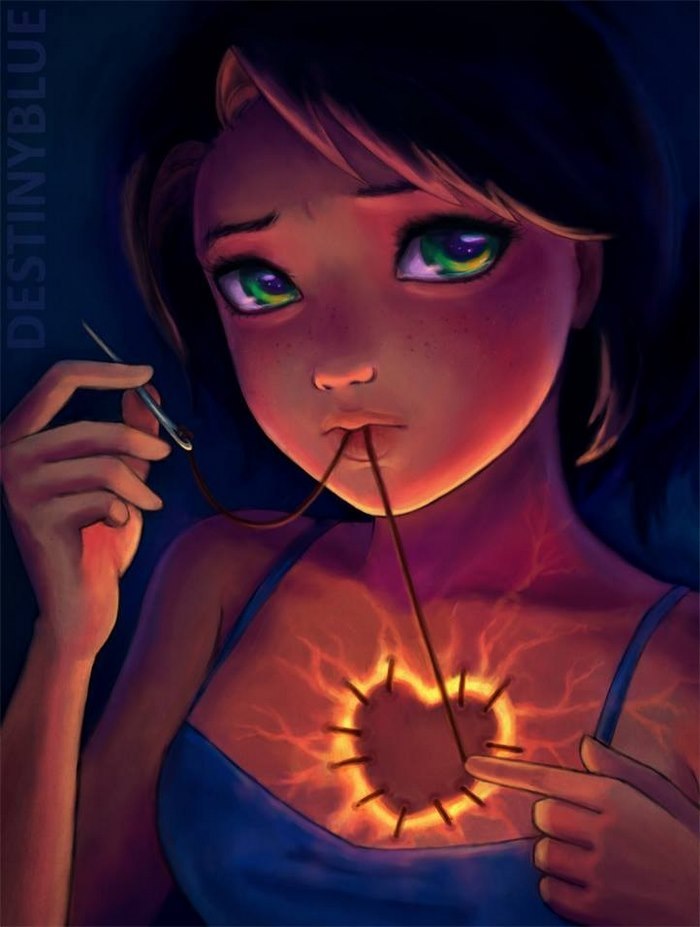 Illustration of a girl sewing shut a glowing heart on her chest, symbolizing deep emotions and struggle with depression.