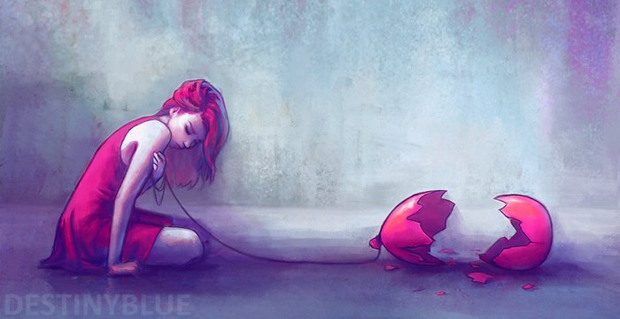 Illustration of a woman in a red dress connected by a thread to a broken heart, symbolizing depression.