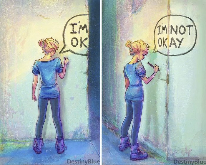 Illustration of a girl writing "I'm OK" and "I'm NOT OKAY" on a wall, depicting deep meanings of depression.