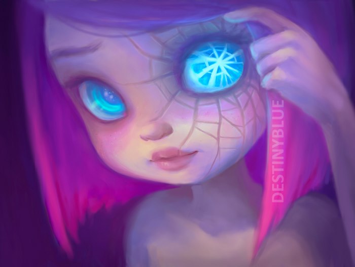 Illustration by artist with depression; girl with vibrant eyes and c*****d skin, expressing deep emotion.