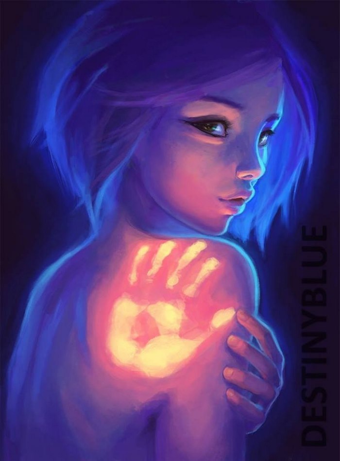 Illustration showing a woman with blue hair and a glowing handprint on her shoulder, conveying deep meaning and emotion.