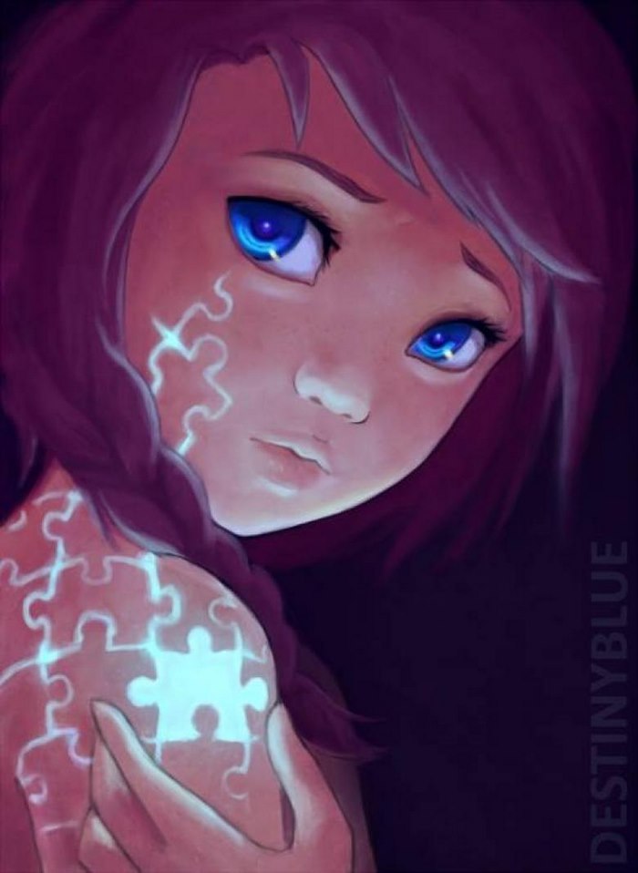 Illustration of a girl with glowing puzzle pieces on her skin, symbolizing deep meanings and emotional struggle with depression.