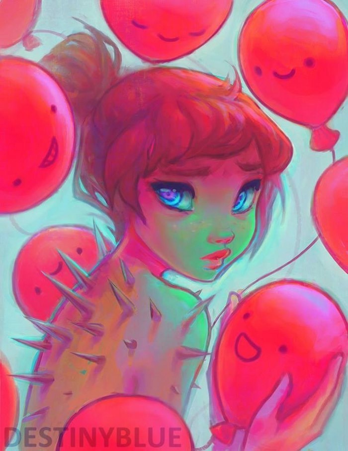 Illustration of a girl surrounded by balloons, with thorns on her back, symbolizing an artist's struggle with depression.