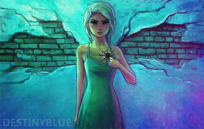 Illustration of a woman in a green dress with brick wall wings, symbolizing deep meanings and struggles with depression.