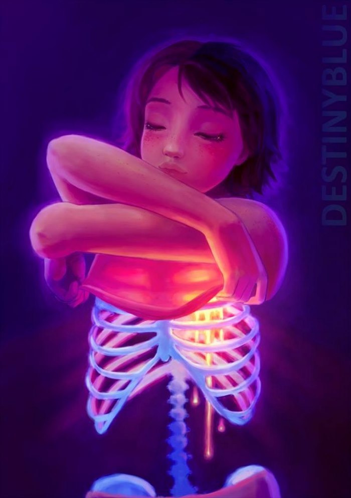 Illustration depicting a person revealing glowing ribs, created by an artist dealing with depression.
