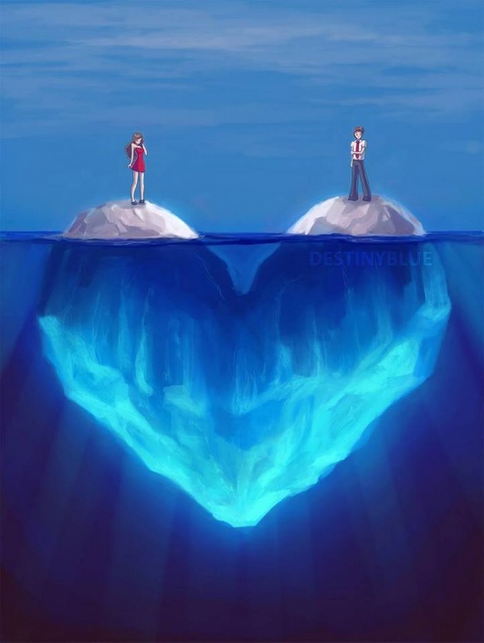Illustration of two people on separate icebergs, above a heart-shaped iceberg, symbolizing deep meanings and depression.
