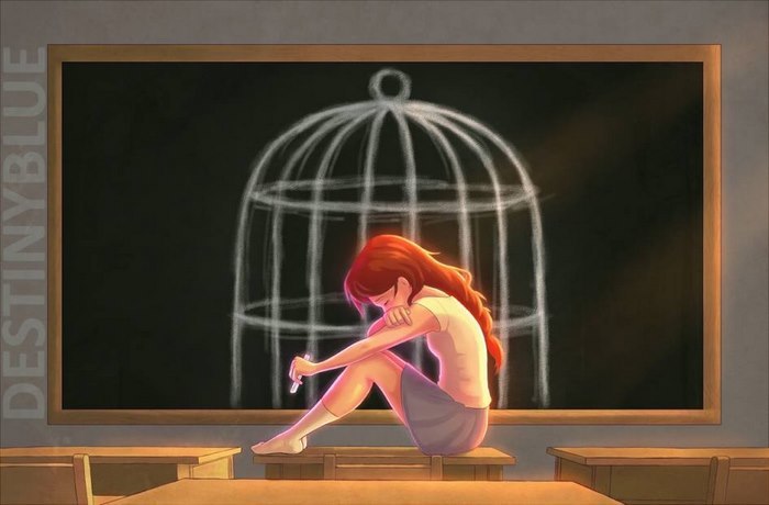 Illustration of a girl sitting pensively in front of a chalkboard drawing of a birdcage, symbolizing deep emotional struggle.