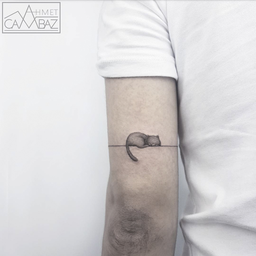 Simple tattoo of a sleeping cat on an arm by Turkish cartoonist, striking and minimalist design.