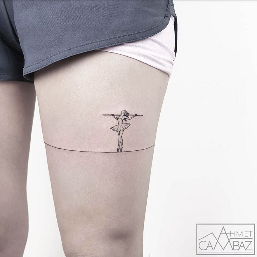 Simple and striking tattoo of a tightrope walker on thigh by former Turkish cartoonist.