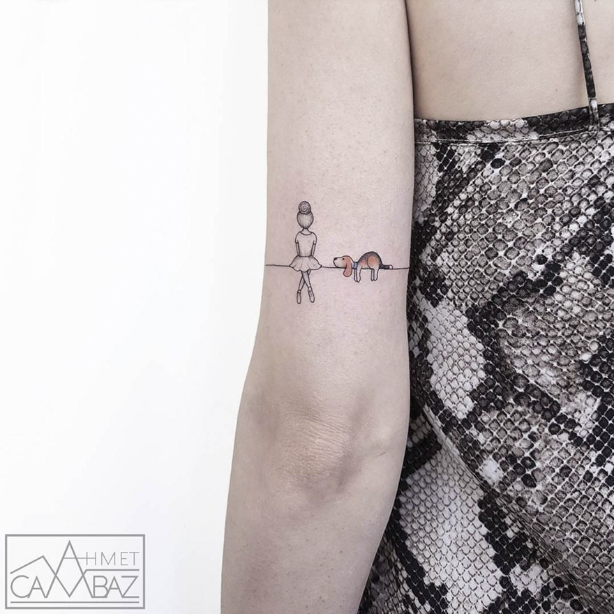 Minimalist tattoo of a woman with a dog by former Turkish cartoonist on an arm.