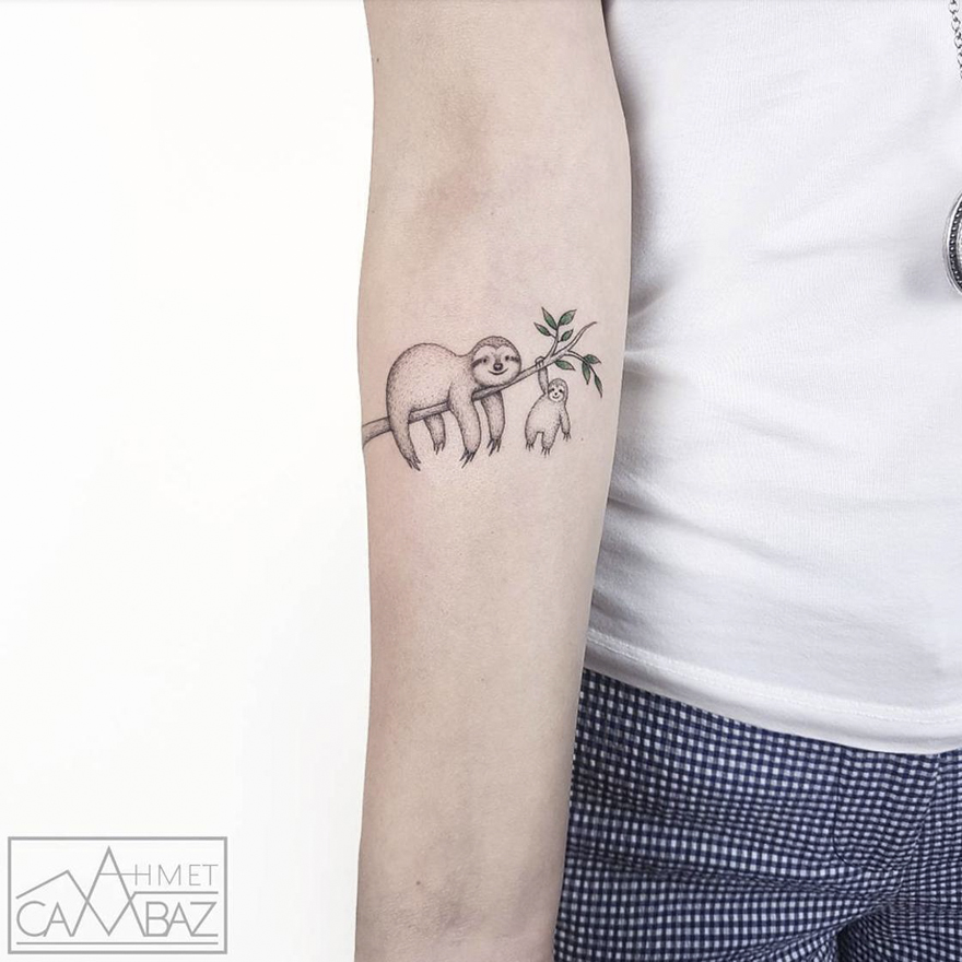 Simple yet striking tattoo of a sloth on an arm by a Turkish cartoonist, featuring minimalist design.