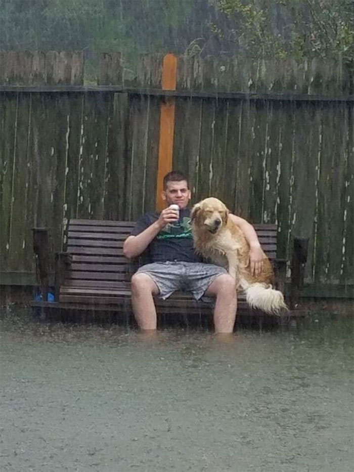 Man Sits On Bench With His Dog During Hurricane Harvey