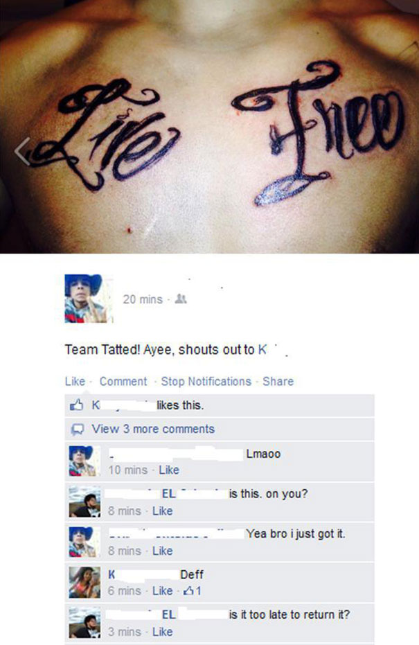 Proud tattoo owner shows off new tattoo online, realizing mistake.