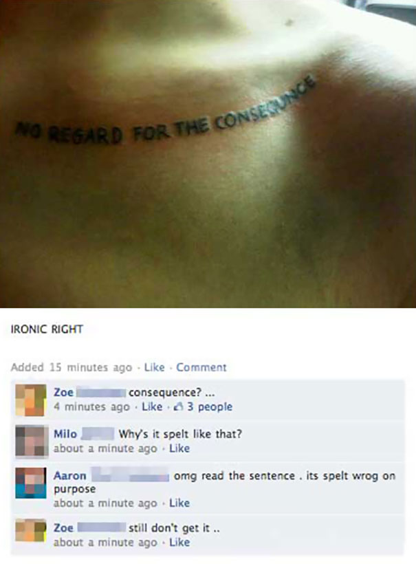 Tattoo with a spelling mistake posted online, sparking humorous comments.