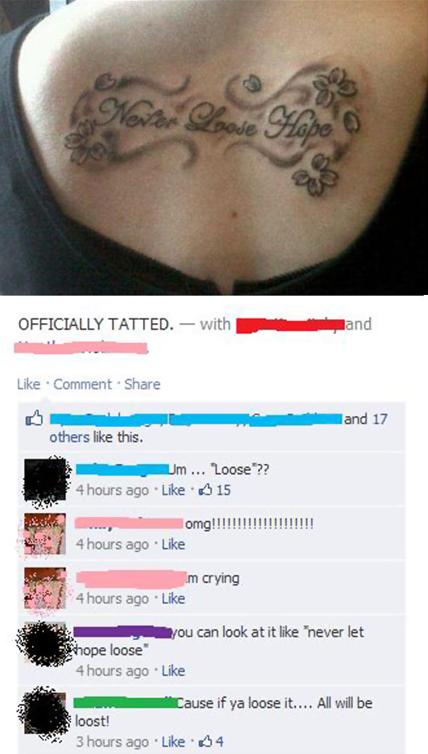 Tattoo saying "Never Loose Hope" with misspelling, posted online with humorous comments.