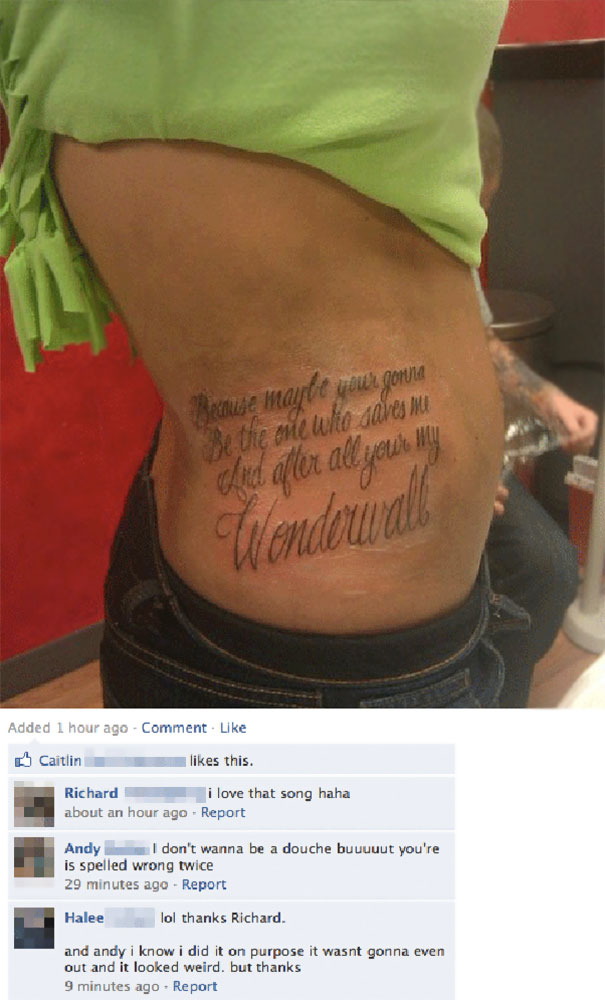 Tattoo spelling mistake with Nirvana lyrics on lower back, social media comments below.