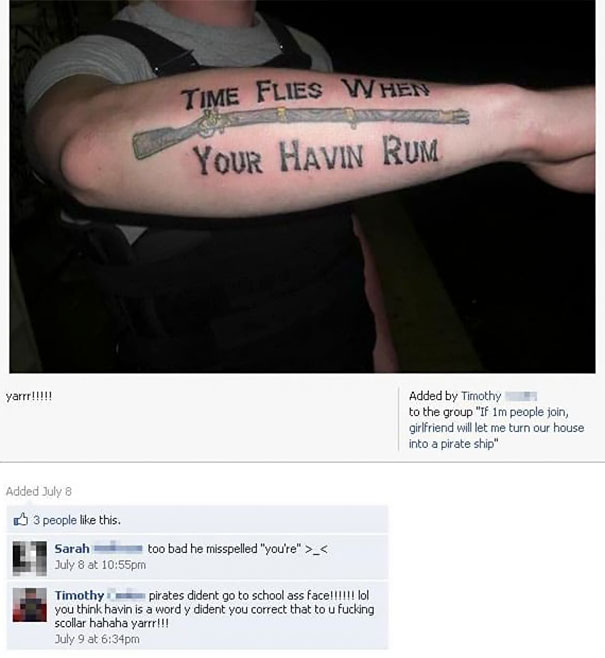 Arm tattoo with the text "Time Flies When Your Havin Rum," highlighting a spelling mistake shared by tattoo owners.