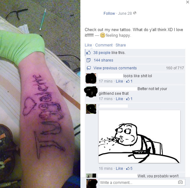 New tattoo mistake proudly shared online, featuring "Juggalette" text on leg with humorous Facebook comments.