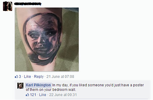 Tattoo owner shares a portrait tattoo online, receiving humorous comments about their choice.