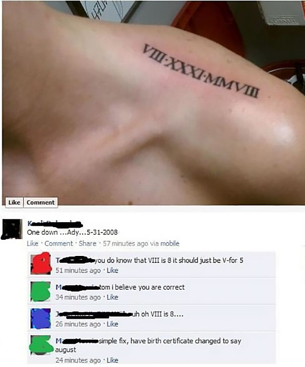 Tattoo mistake showing incorrect Roman numerals with humorous online comments.