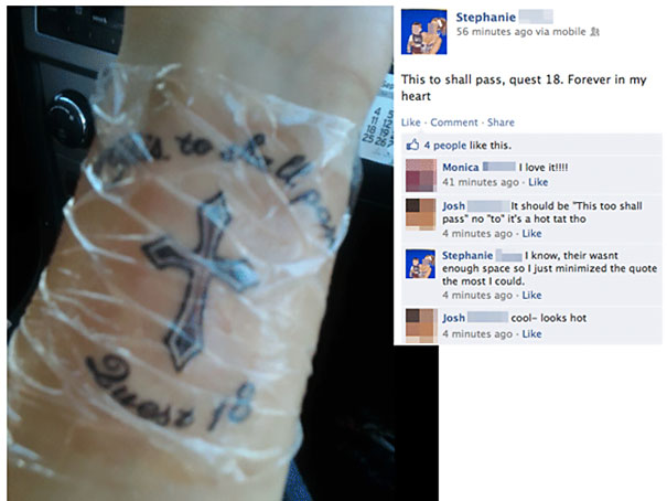 Tattoo owner's mistake shared online; wrapped forearm with cross tattoo and misspelled phrase in Facebook post.