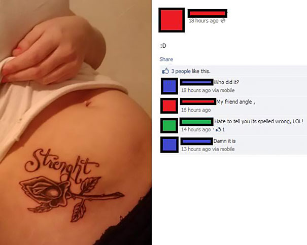 Tattoo spelling mistake with rose design shared online, highlighting regretful realization.