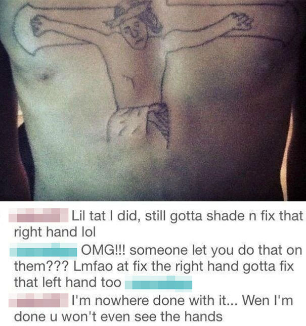 Tattoo mistake on torso with comments discussing unfinished design details.