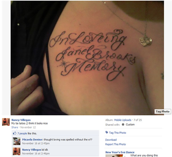 Tattoo with spelling mistake, "In Loving Memory," shared online proudly by owner.