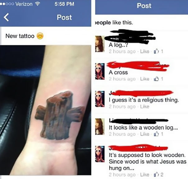 Tattoo mistake showing a wooden log design on an arm, with humorous online comments.