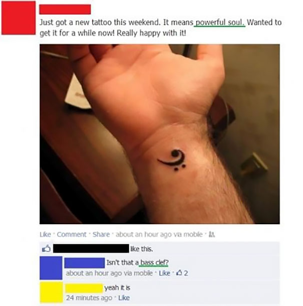 New tattoo mistake: bass clef symbol on wrist instead of intended meaning.