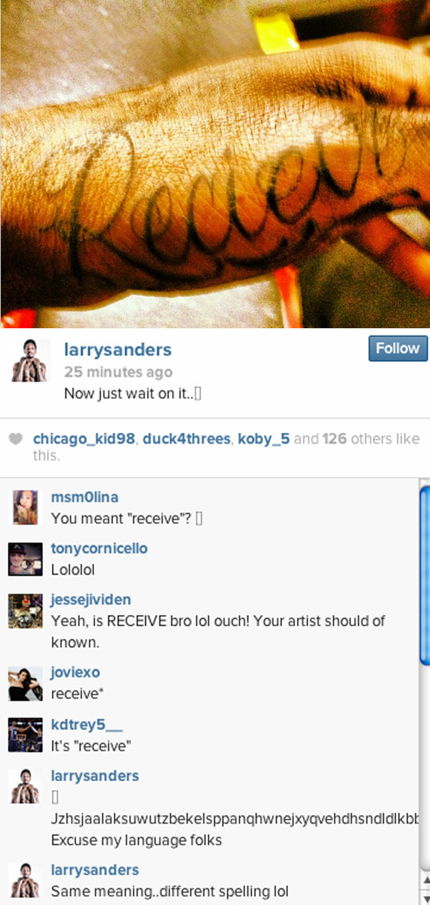Tattoo on wrist with "recieve" typo, sparking humorous online comments revealing the spelling mistake.