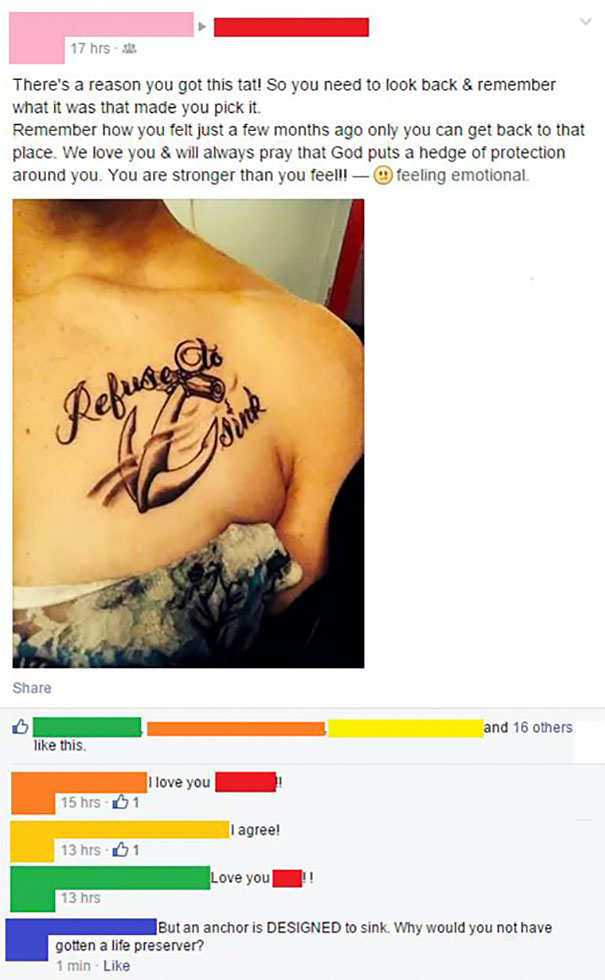 New tattoo mistake with "Refuse to Sink" tattoo featuring an anchor, shared online.