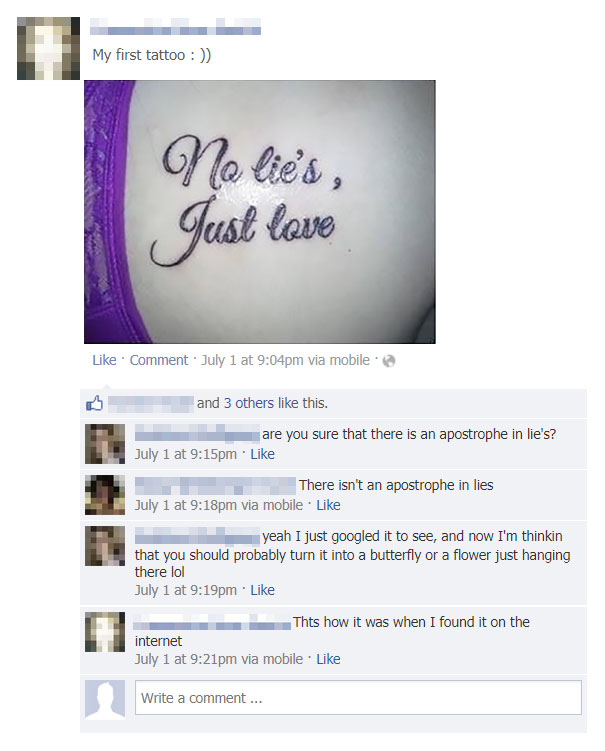 Tattoo featuring the incorrect phrase "No lie's, just love," shared online; commenters note the grammar mistake.