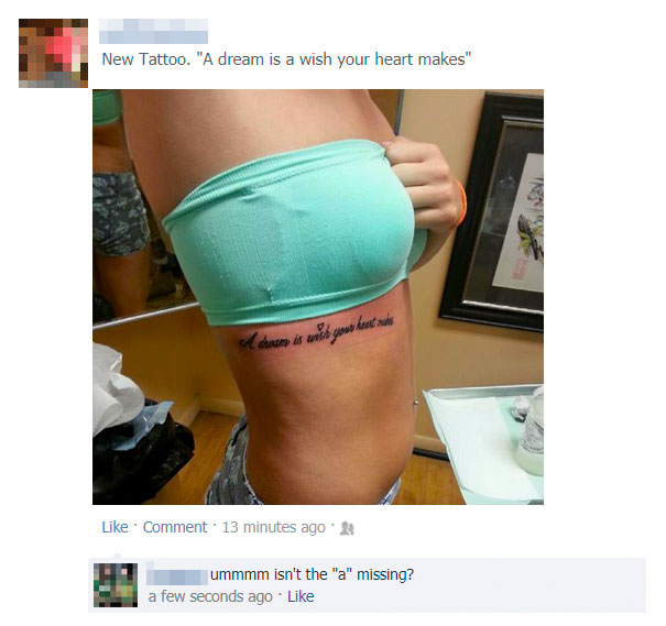 Tattoo with a missing letter on a woman's side, showcasing a common tattoo mistake shared online.