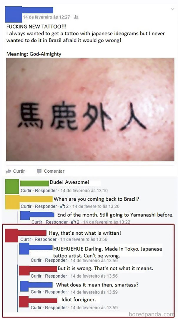 Tattoo with Japanese characters shared online, owner discovers translation mistake.
