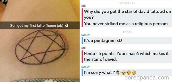 New tattoo mistake: a six-pointed star with text messages discussing if it's a pentagram or Star of David.