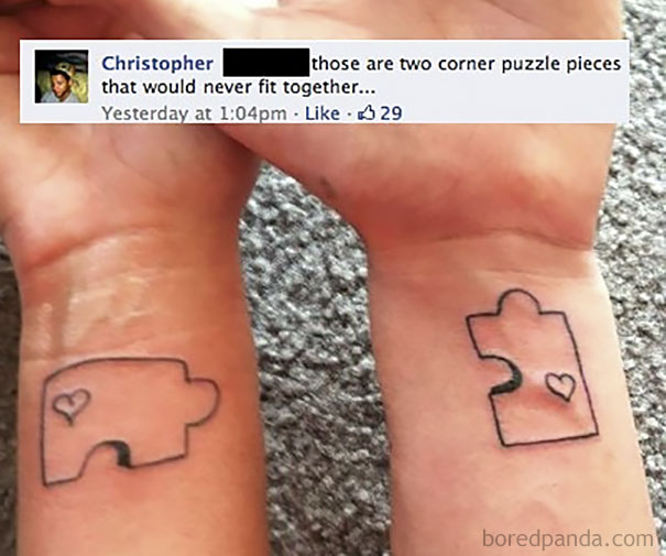 Puzzle piece tattoos on wrists with mismatched shapes, a mistake proudly shared online.
