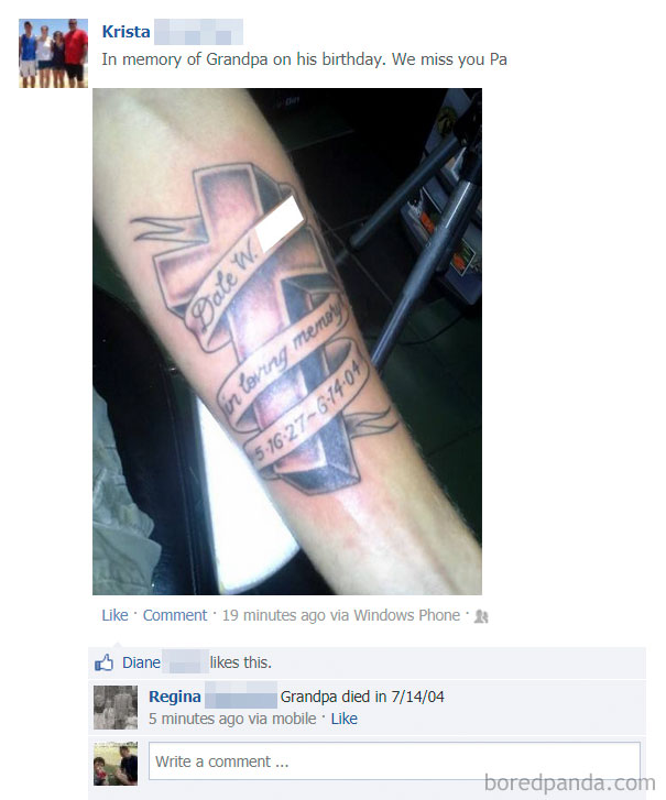Tattoo mistake with memorial date error posted online; humorous comments follow.