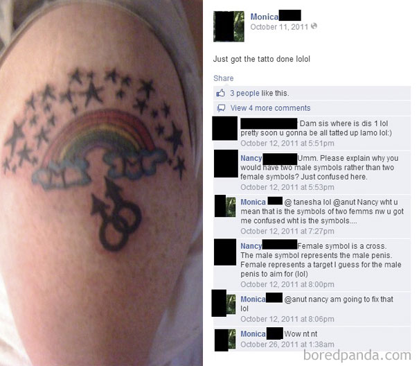 Tattoo with rainbow and stars, mistakenly using male gender symbols, shared online with comments discussing the error.