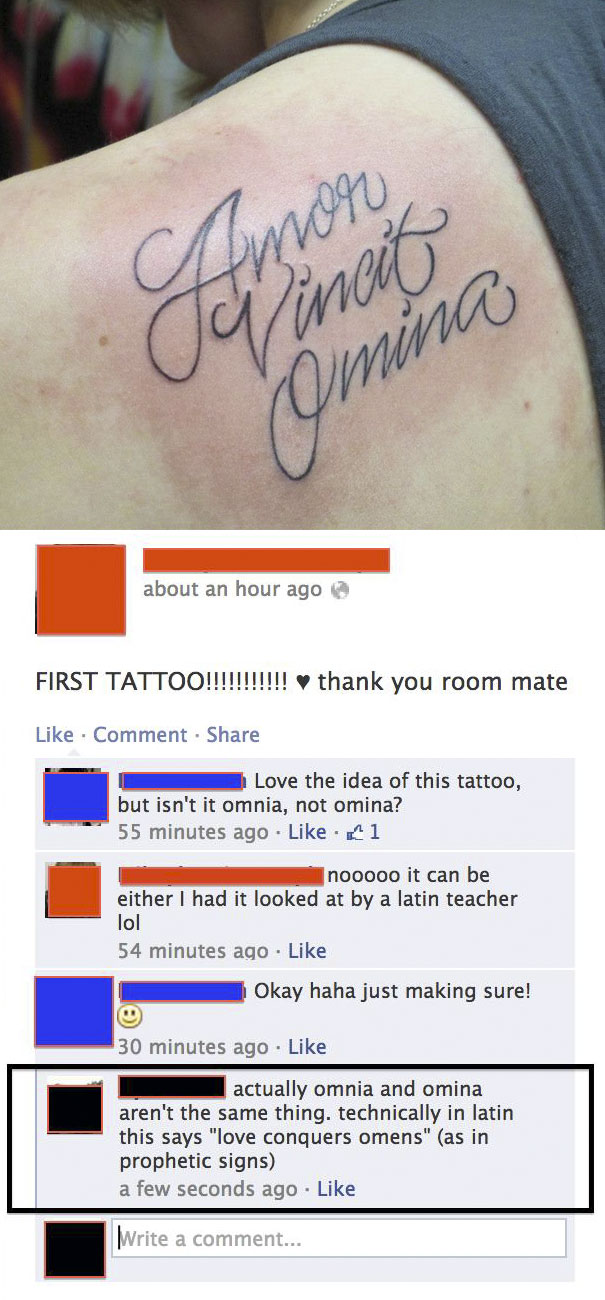 Tattoo mistake with Latin text and social media comments highlighting the error.