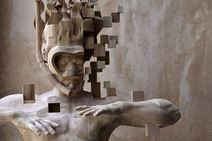 These Pixelated Sculptures That Look Like Computer Glitches Are Actually Made From Wood