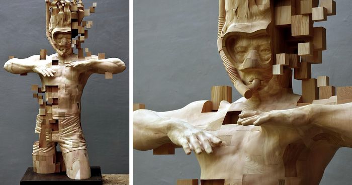 These Pixelated Sculptures That Look Like Computer Glitches Are Actually Made From Wood