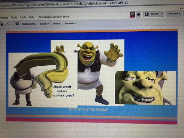 Check urself before u shrek urself meme in presentation