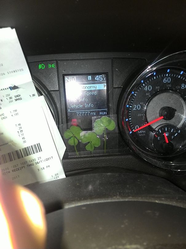 After Finding 3 Four-Leafed Clovers And Buying Them Tape With $7.77 On The Receipt, I Hit Frontpage. 5 Hours After Posting, My Brother Showed Me That His Odometer Was 77,777 Miles