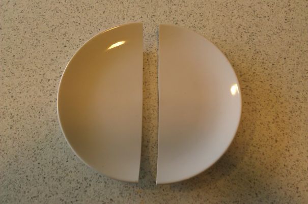 I Dropped A Plate By Accident,and It Spilt In Half Perfectly. No Shards Or Chips